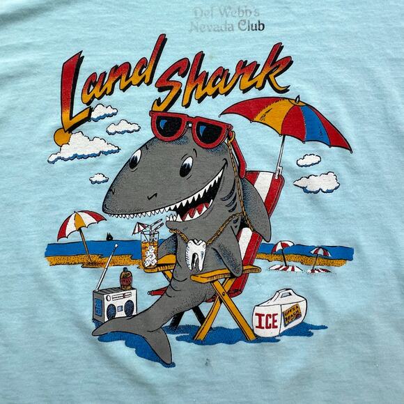 Vintage Land Shark Vacation Beach TShirt Single Stitch Summer 80s Blue Soft Thin - Picture 3 of 12